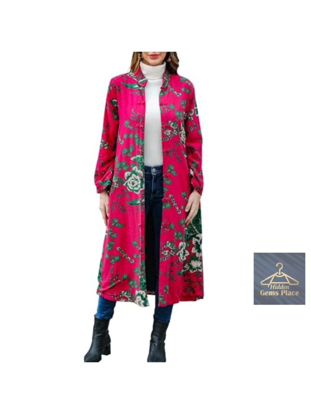 Vintage 70s Floral Trench Coat with Pockets Cotton Linen Long Jacket Boho Plus
